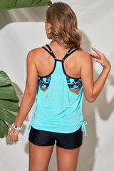 Sky Blue Patchwork Sporty Scoop Neck Tankini