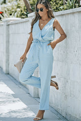 Sky Blue Pocketed Chambray Sleeveless Jumpsuit