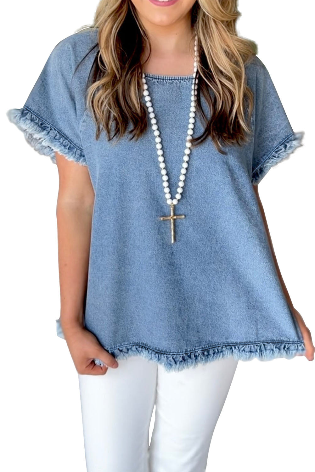 Sky Blue Raw Edge Denim Top