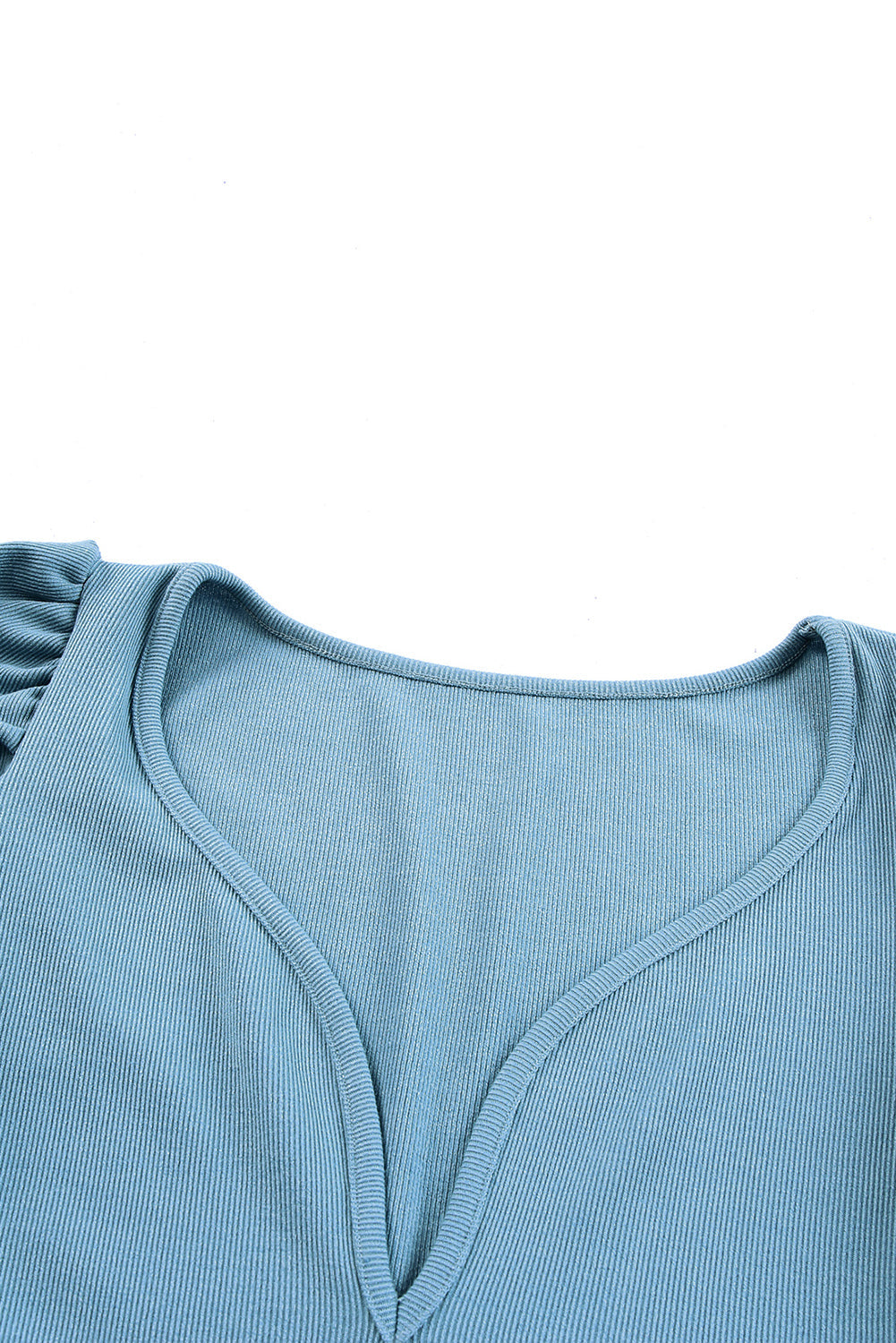 Sky Blue Ribbed Knit V Neck Ruched Sleeve Top