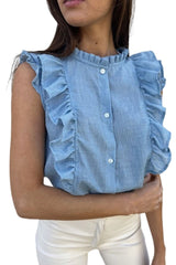 Sky Blue Ruffle Trim Soft Lightweight Sleeveless Shirt