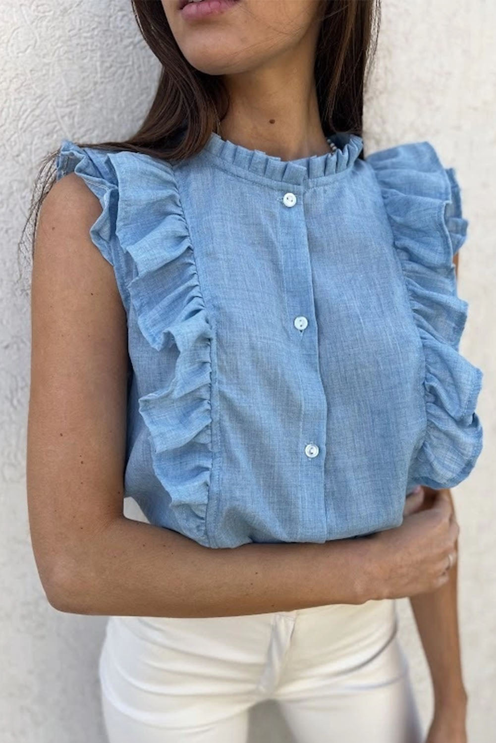 Sky Blue Ruffle Trim Soft Lightweight Sleeveless Shirt