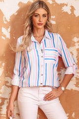 Sky Blue Striped Button Roll Tab Sleeve Shirt