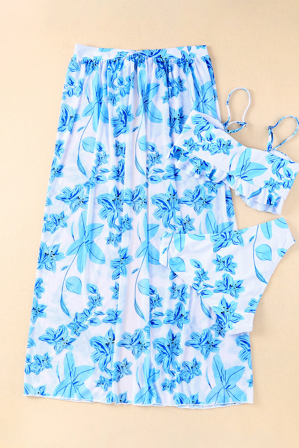 Sky Blue Tropical Ruffle Bikini High Waisted Swimsuit With Sarong