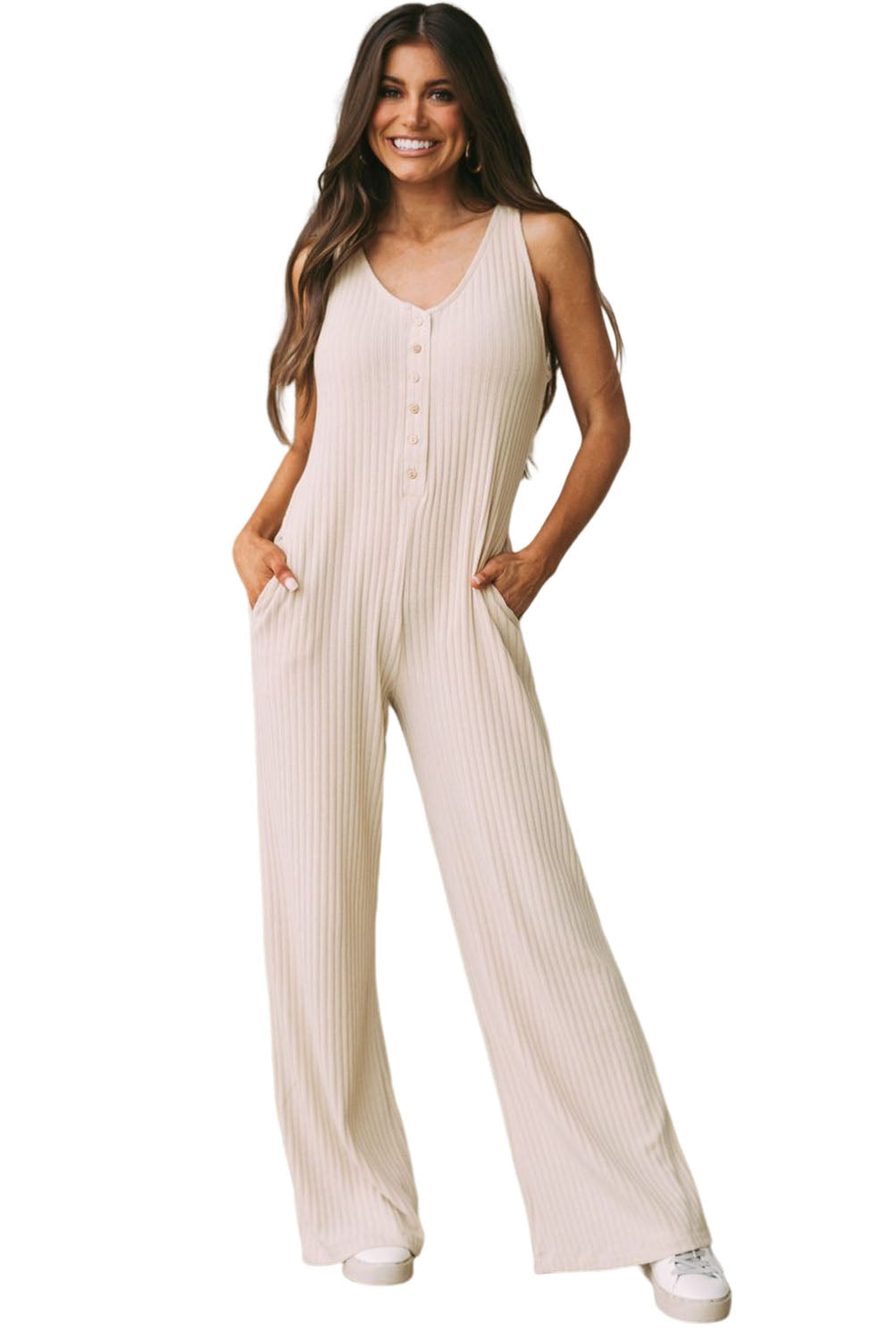 Sleeveless Buttoned Ribbed Wide Leg Jumpsuit with Pockets