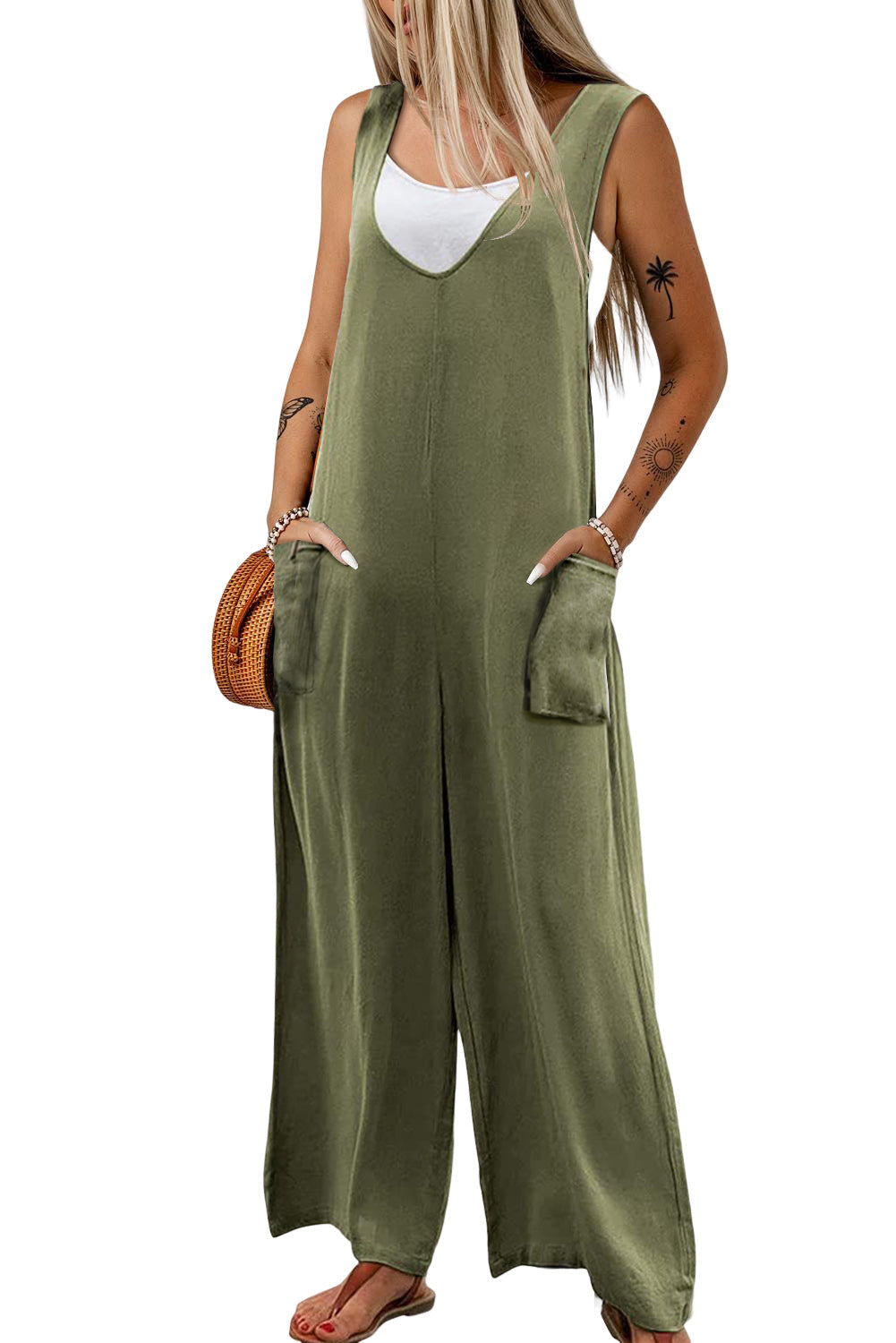 Sleeveless V Neck Wide Leg Jumpsuit with Pockets