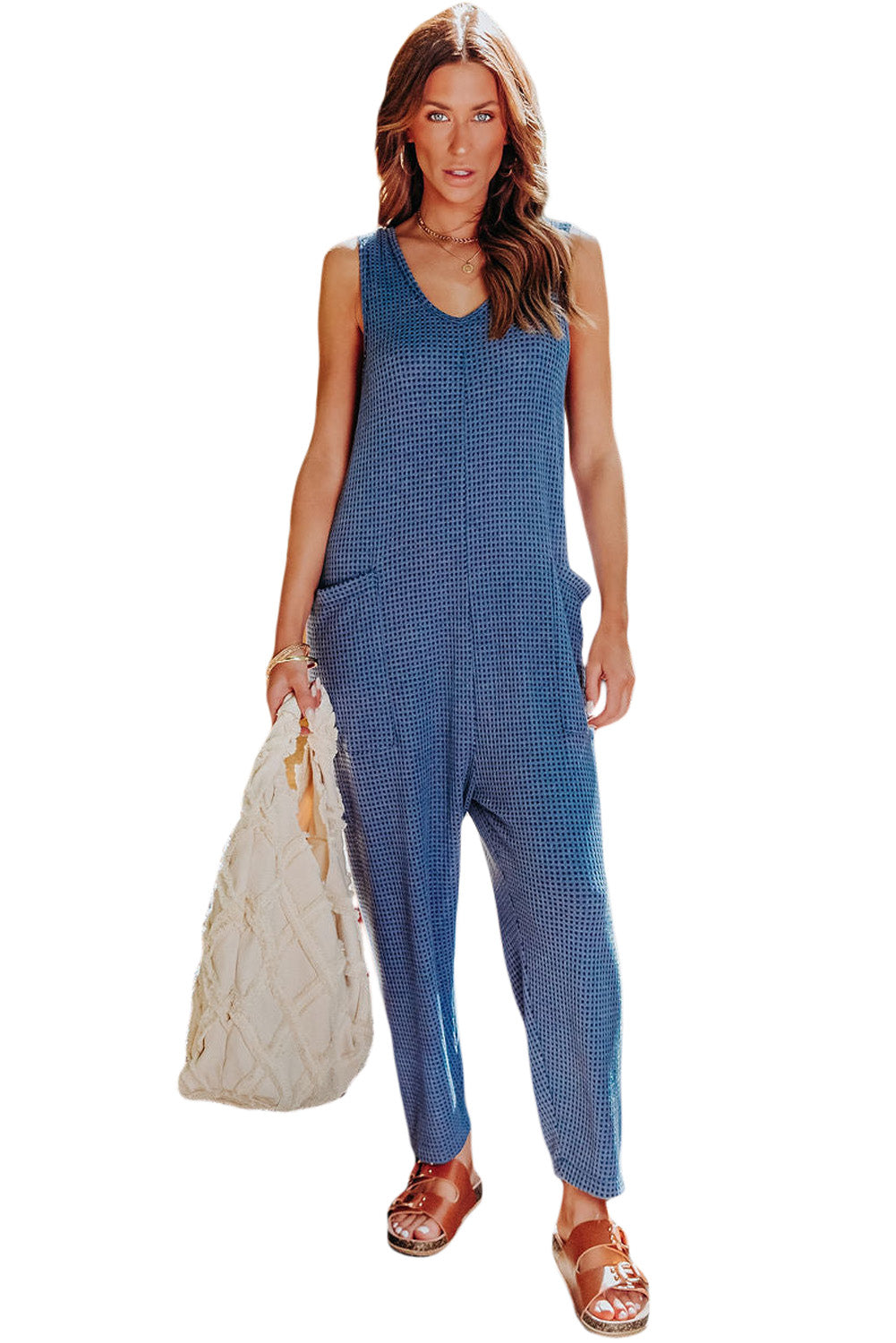 Slouchy Sleeveless Waffle Knit Jumpsuit