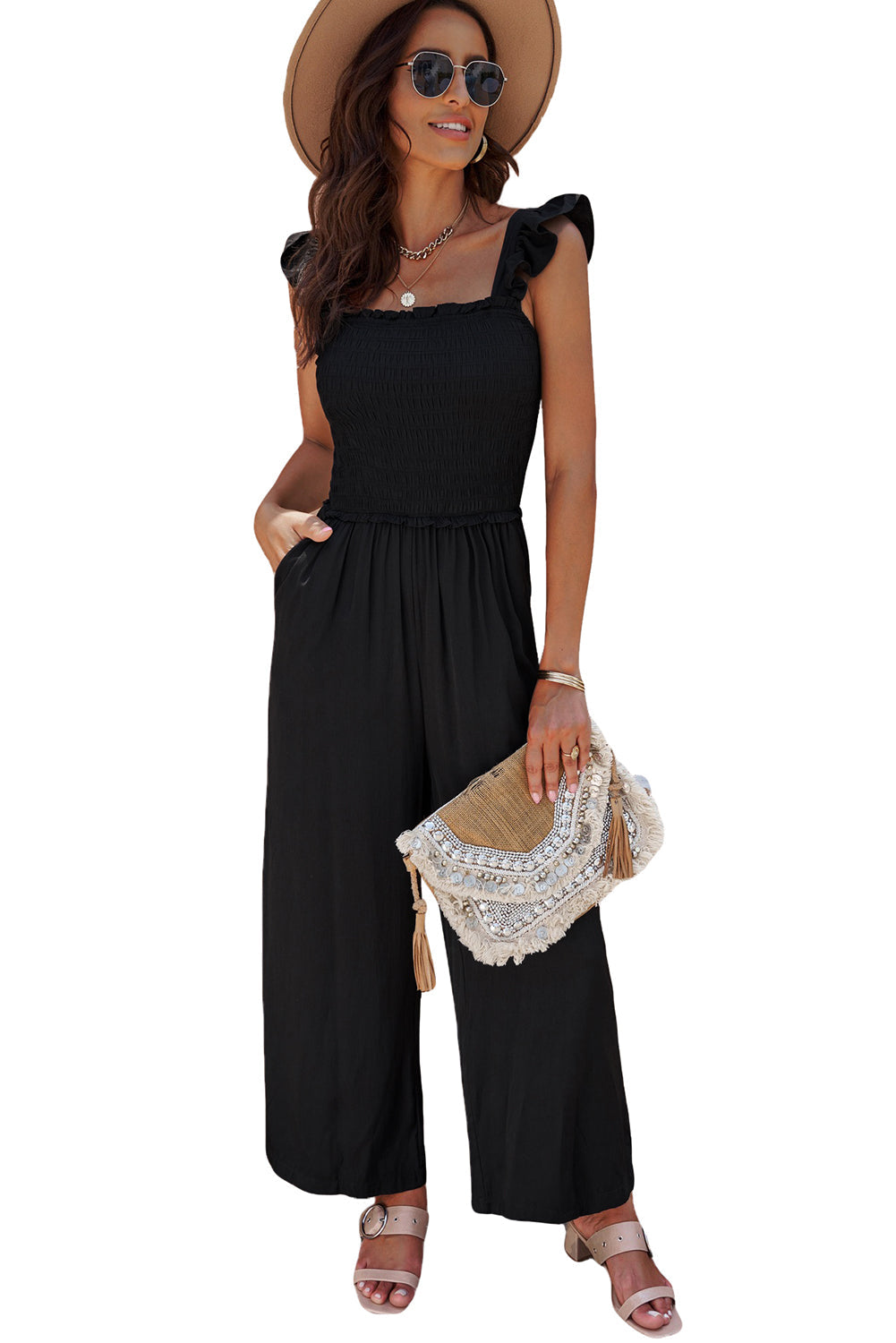 Smocked Pocketed Ruffled Sleeveless Wide Leg Jumpsuit