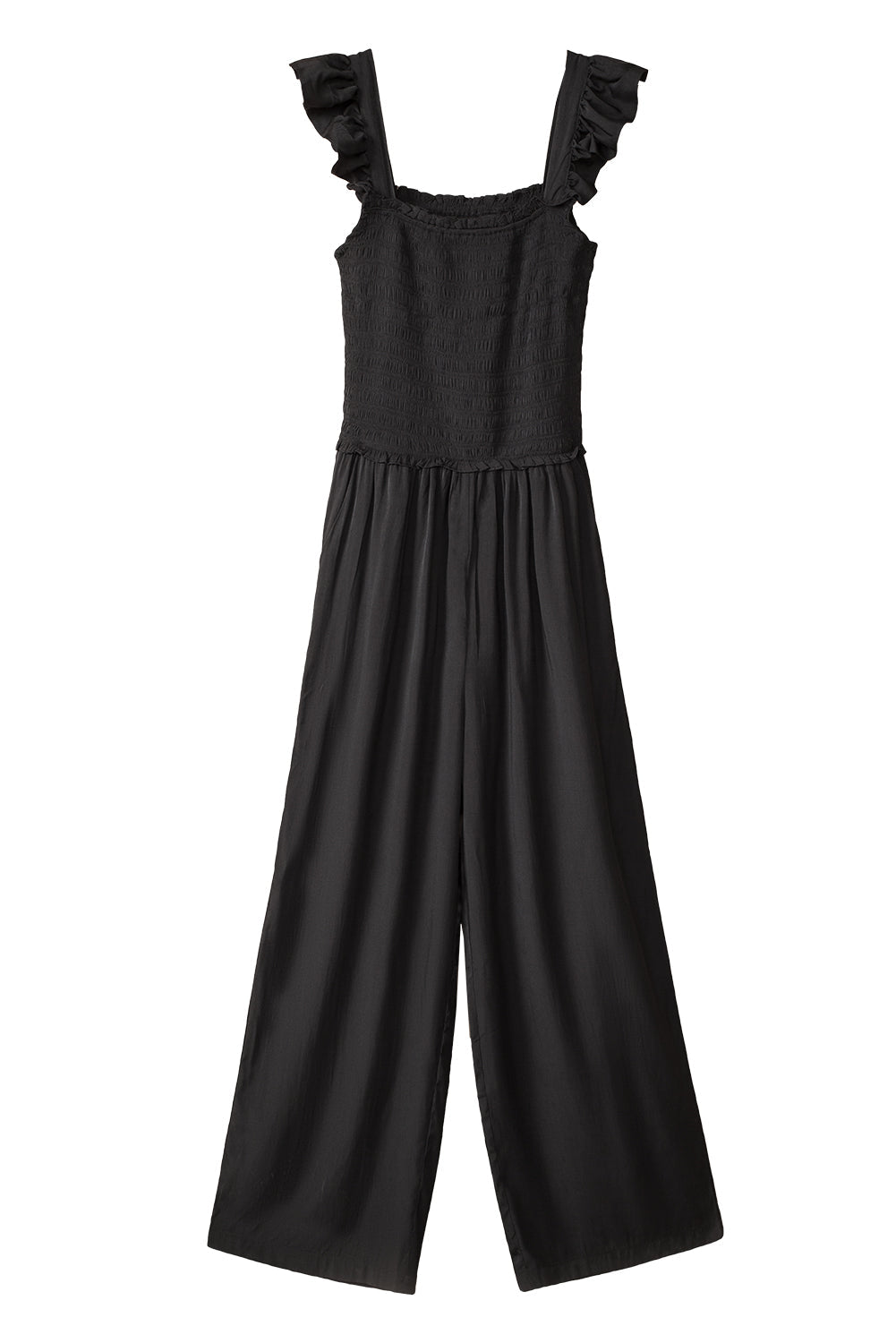 Smocked Pocketed Ruffled Sleeveless Wide Leg Jumpsuit