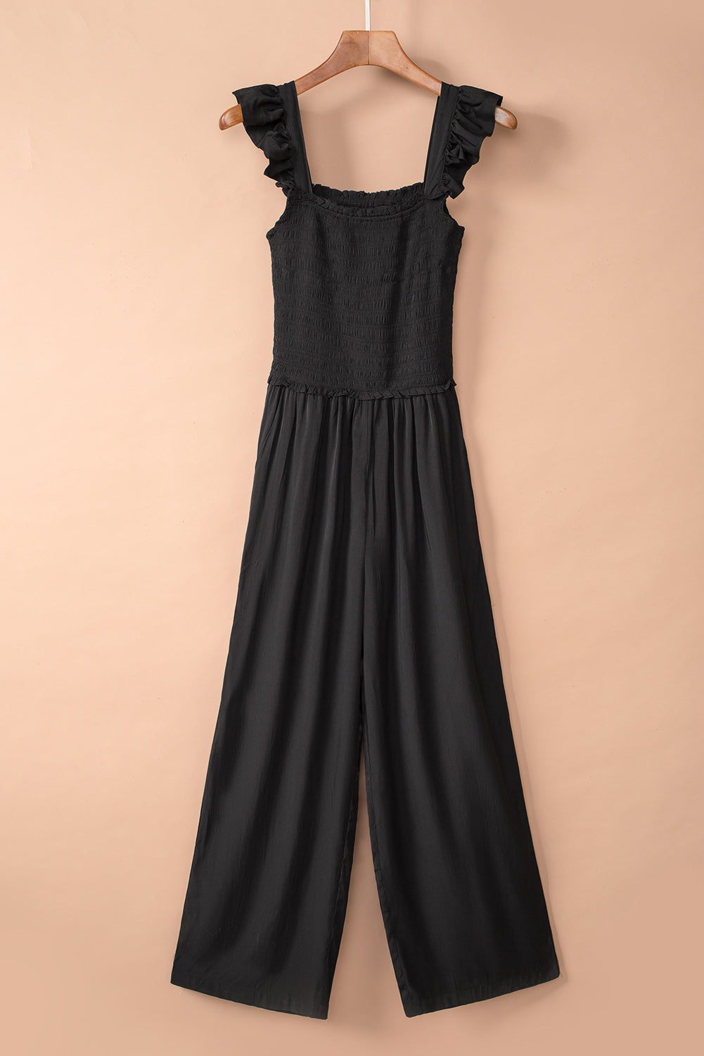 Smocked Pocketed Ruffled Sleeveless Wide Leg Jumpsuit