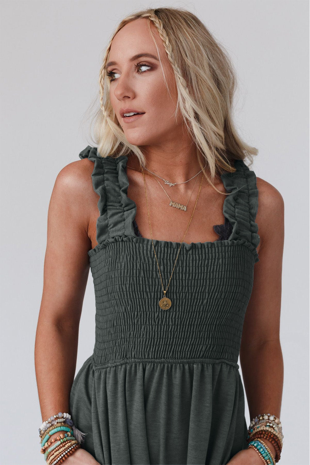 Smocked Ruffled Straps High Waist Sleeveless Jumpsuit