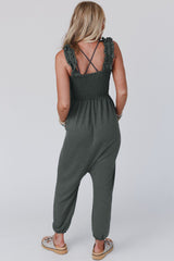 Smocked Ruffled Straps High Waist Sleeveless Jumpsuit