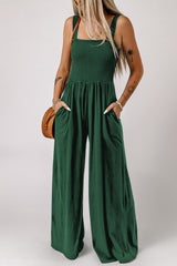 Smocked Sleeveless Wide Leg Jumpsuit With Pockets