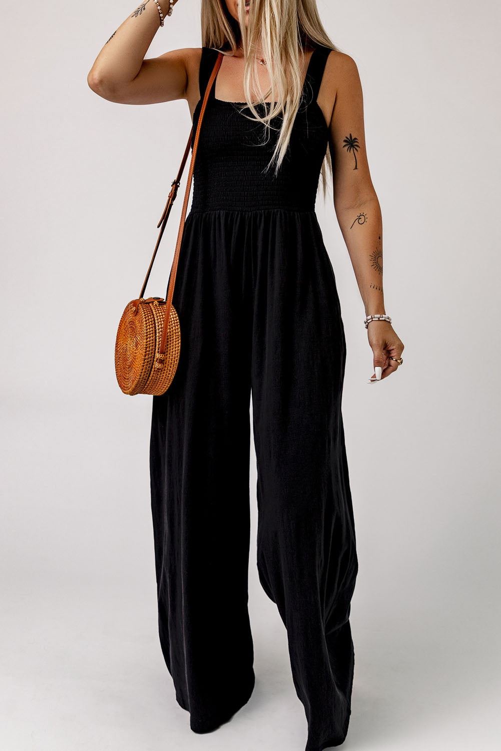 Smocked Sleeveless Wide Leg Jumpsuit With Pockets