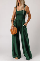 Smocked Sleeveless Wide Leg Jumpsuit With Pockets