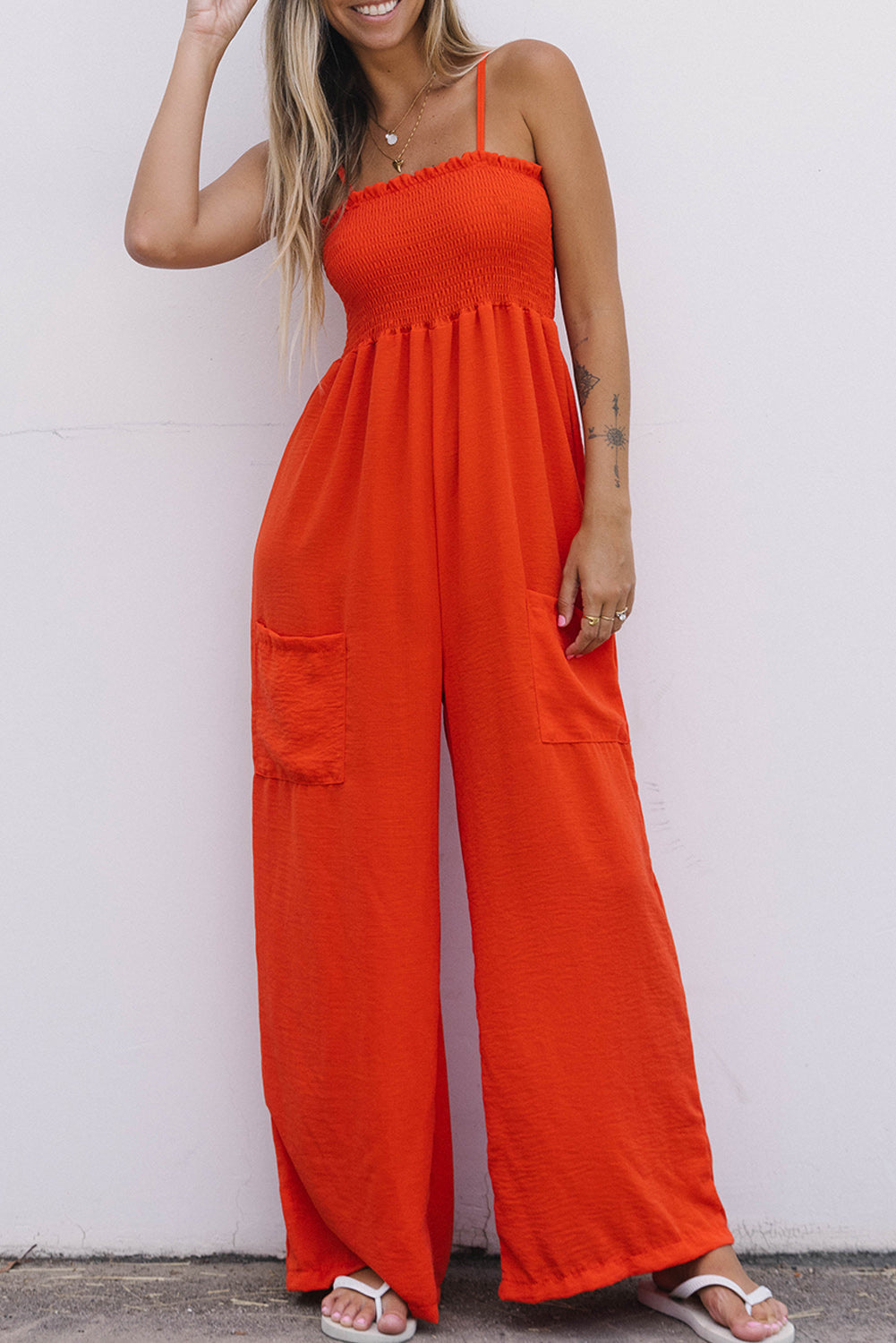 Smocked Spaghetti Straps Wide Leg Jumpsuit