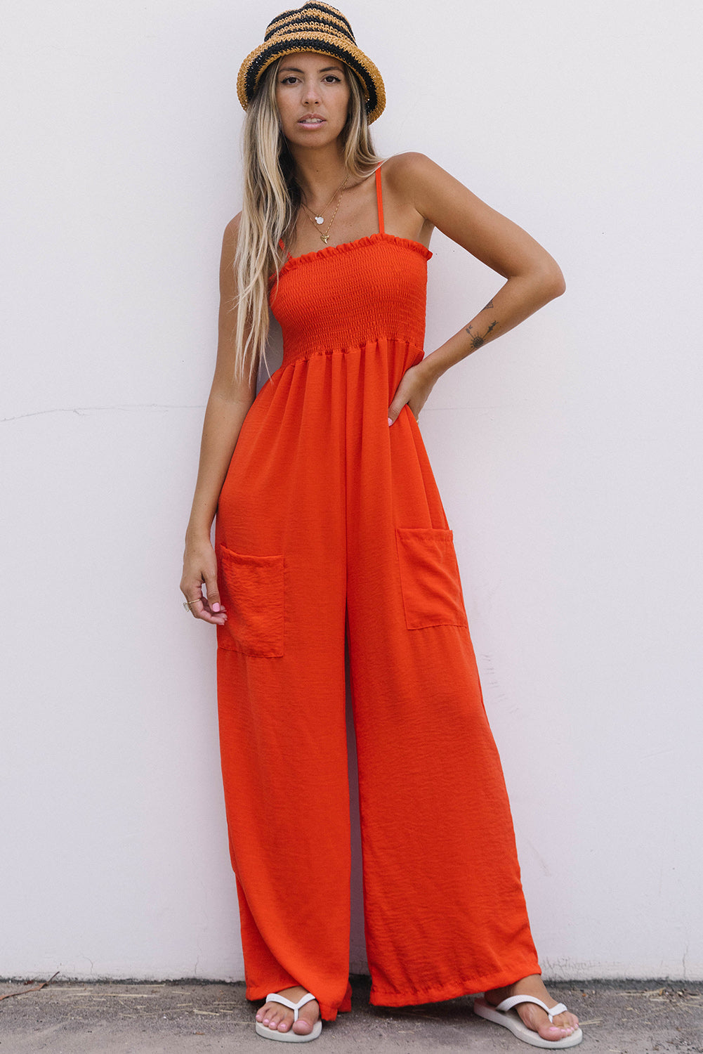 Smocked Spaghetti Straps Wide Leg Jumpsuit