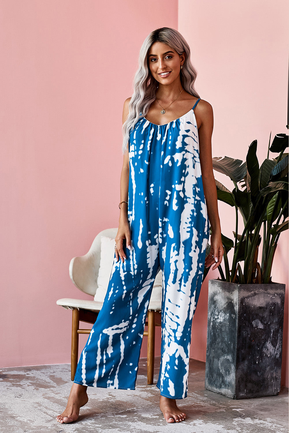 Spaghetti Strap Tie Dye Baggy Long Pants Romper