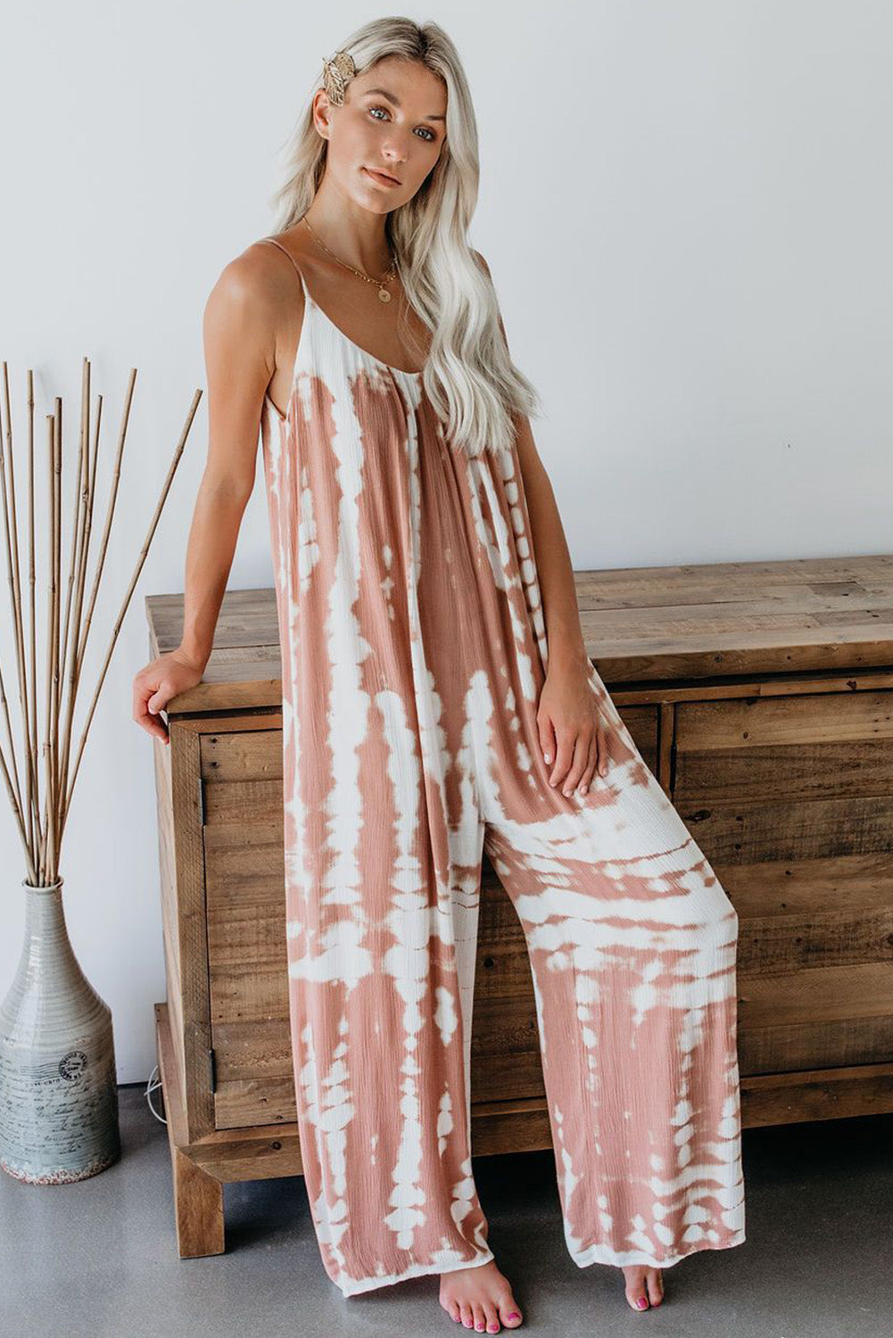 Spaghetti Strap Tie Dye Baggy Long Pants Romper