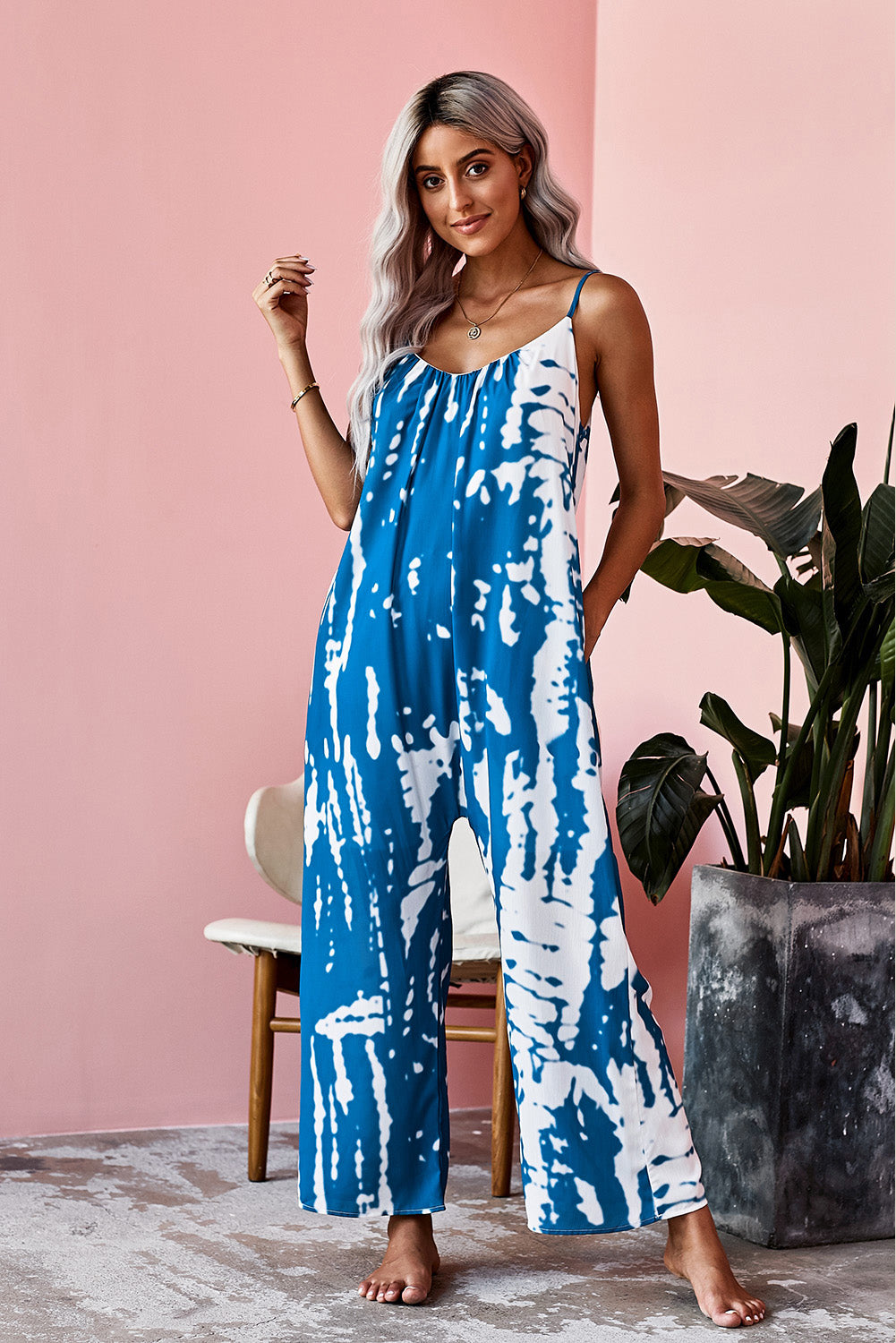 Spaghetti Strap Tie Dye Baggy Long Pants Romper