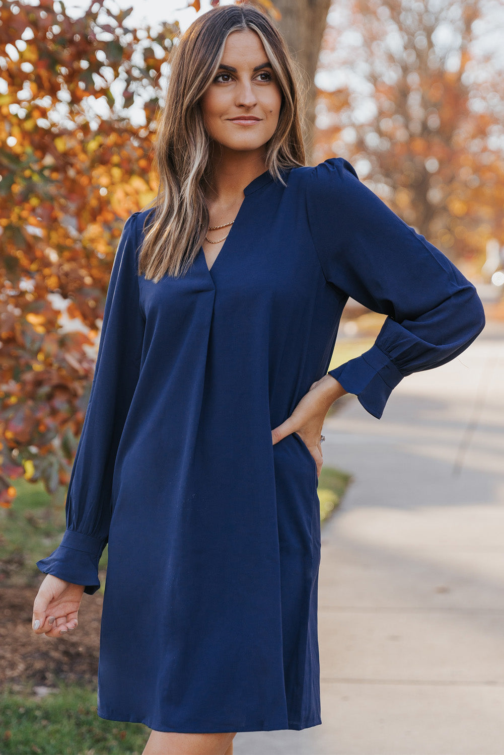 Split V Neck Ruffled Sleeves Shirt Dress