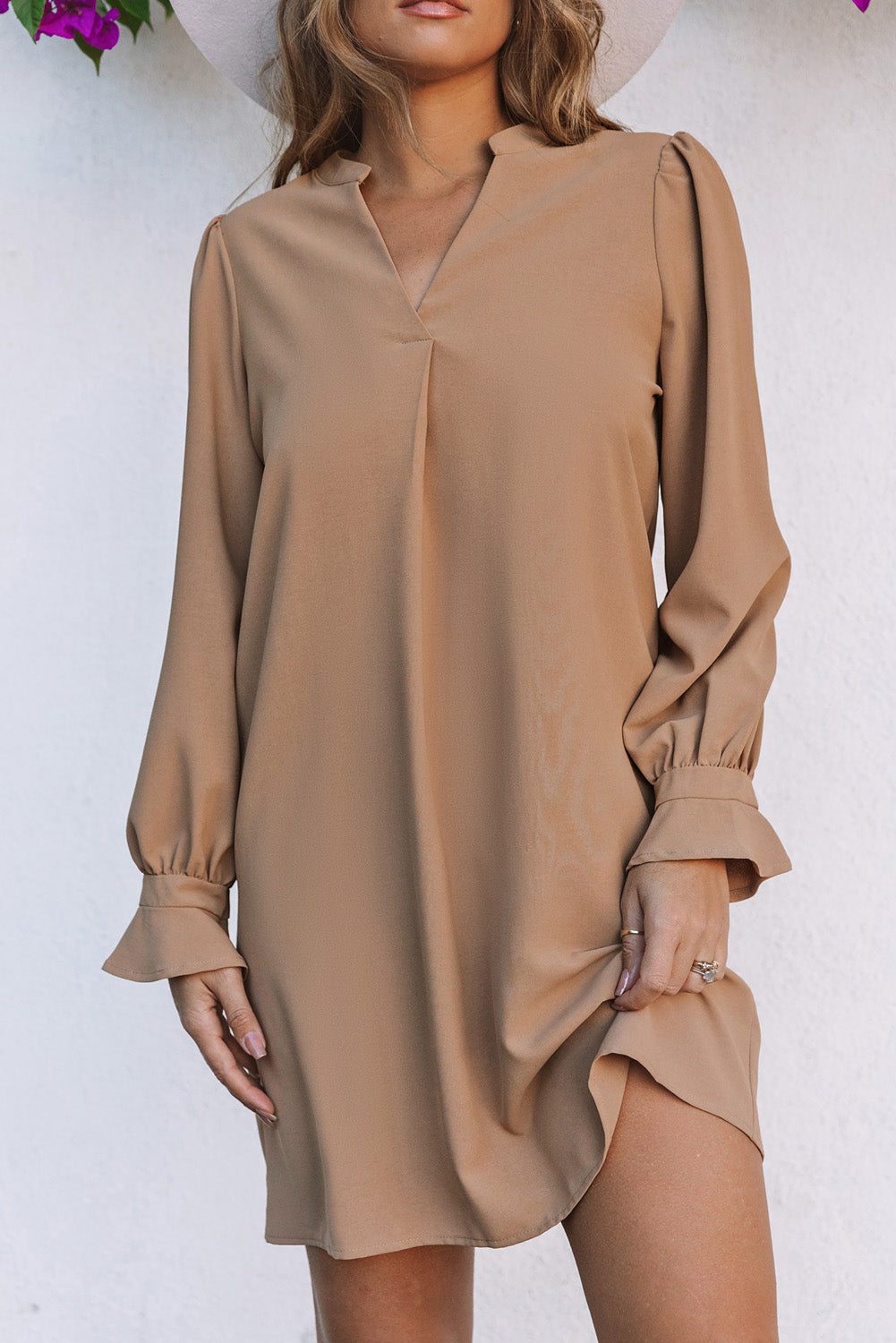 Split V Neck Ruffled Sleeves Shirt Dress