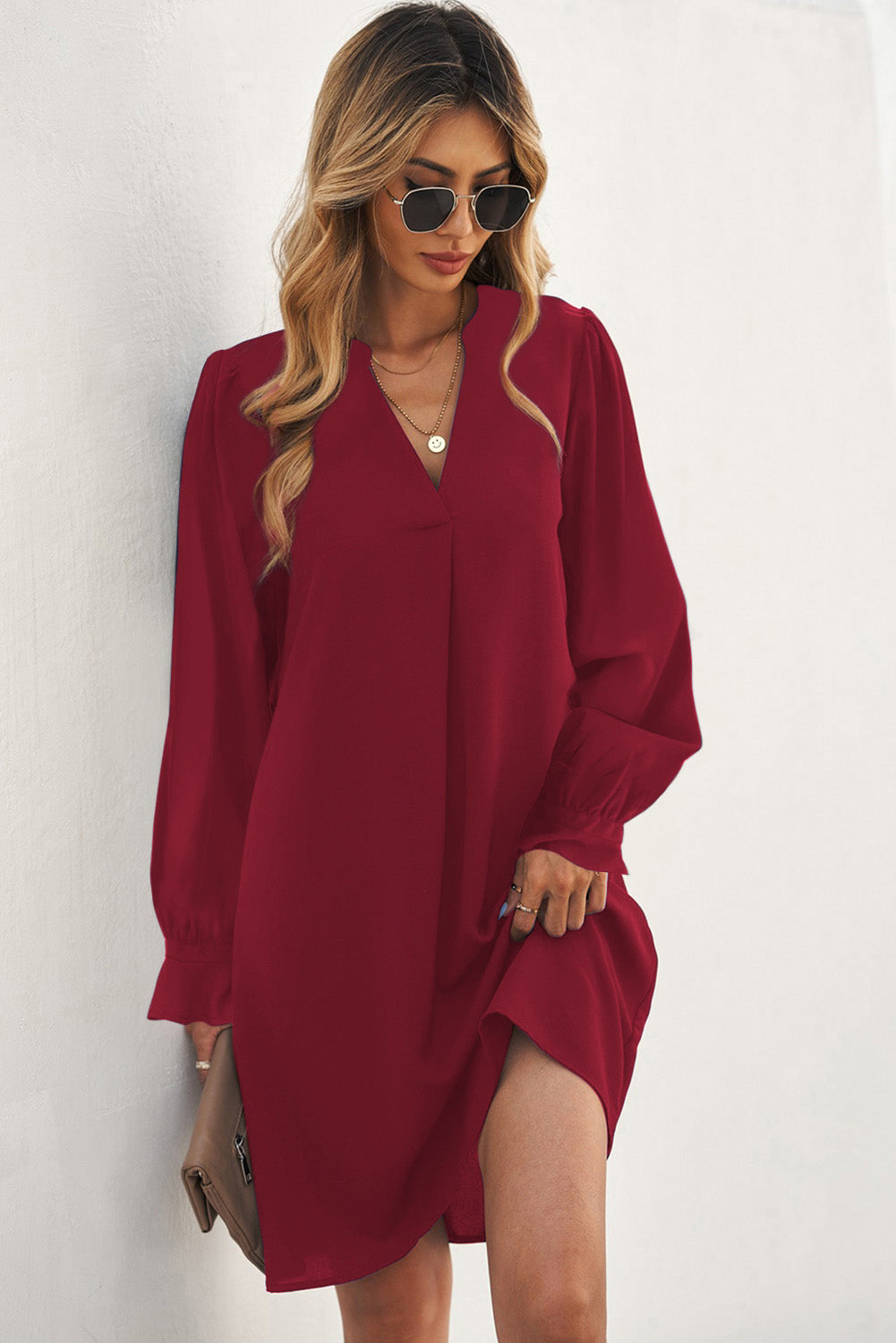 Split V Neck Ruffled Sleeves Shirt Dress