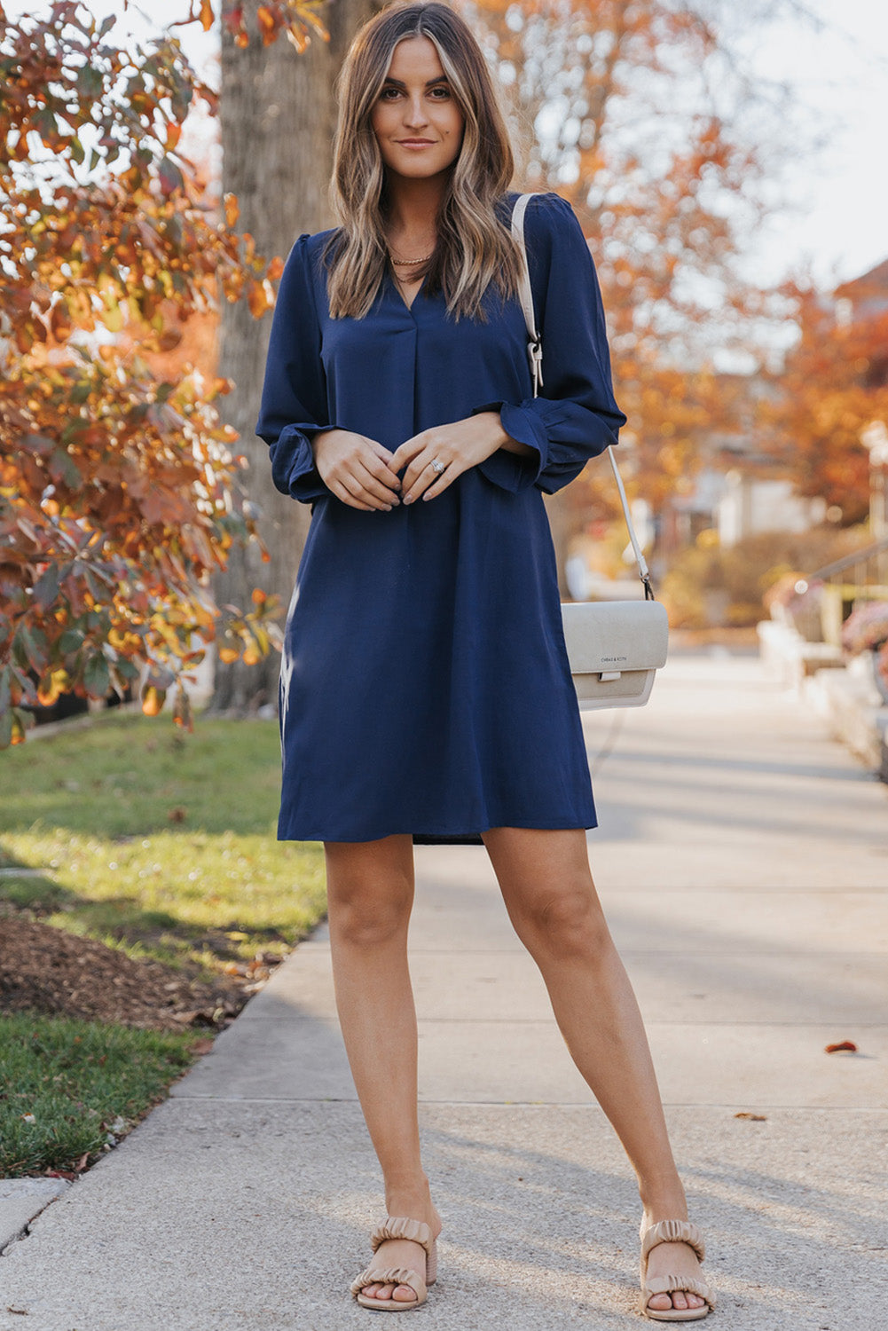 Split V Neck Ruffled Sleeves Shirt Dress