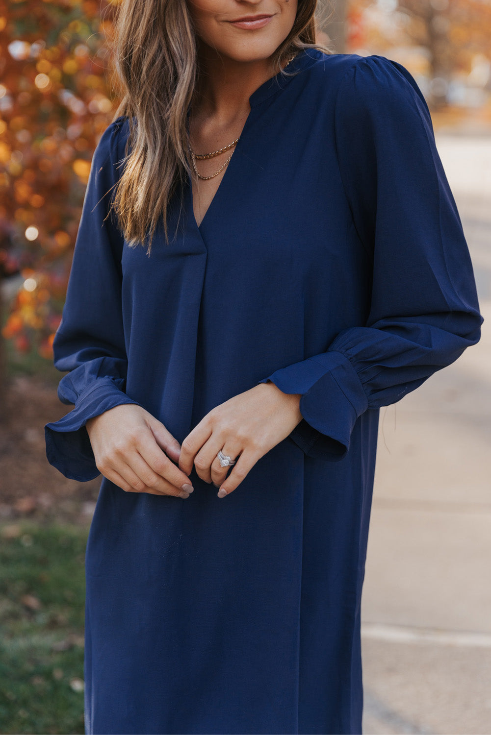 Split V Neck Ruffled Sleeves Shirt Dress