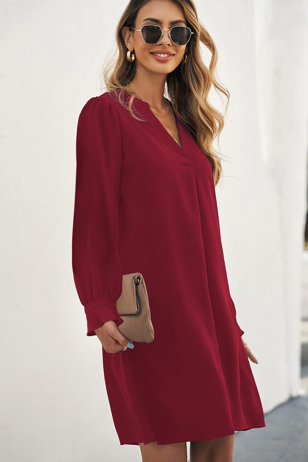 Split V Neck Ruffled Sleeves Shirt Dress