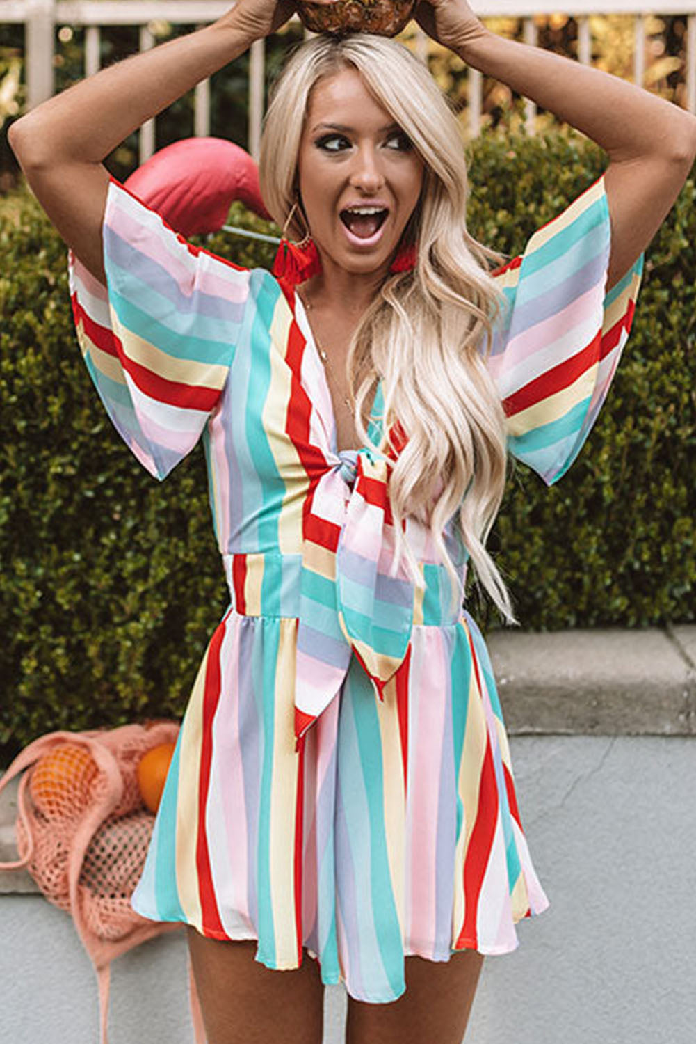 Stripe Print Tie V Neck Flowy Romper