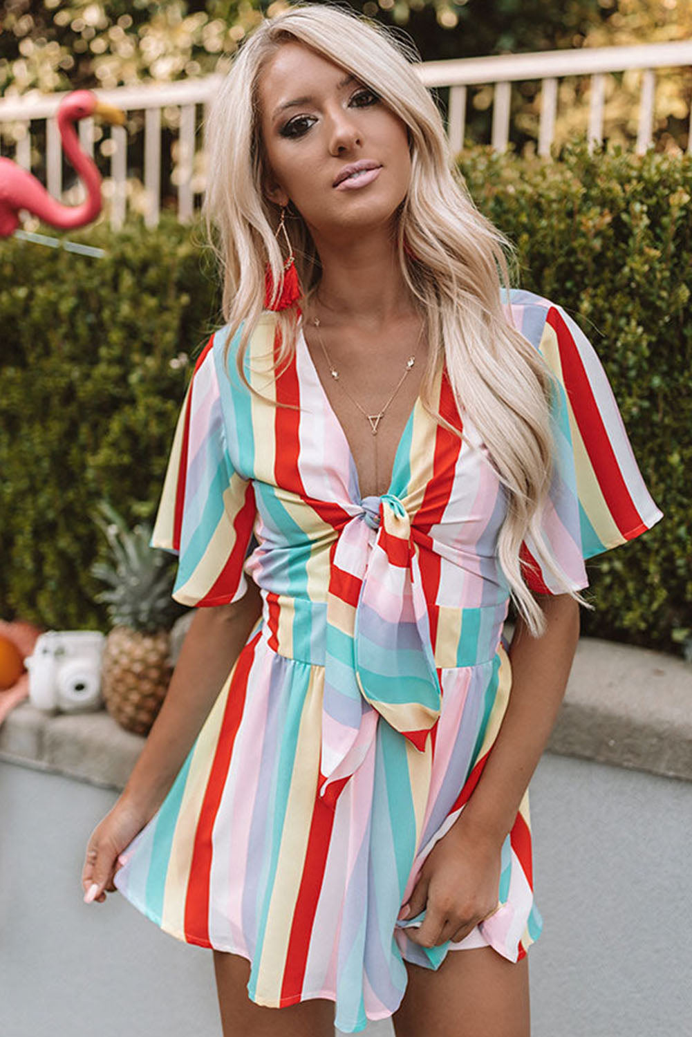 Stripe Print Tie V Neck Flowy Romper