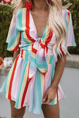 Stripe Print Tie V Neck Flowy Romper