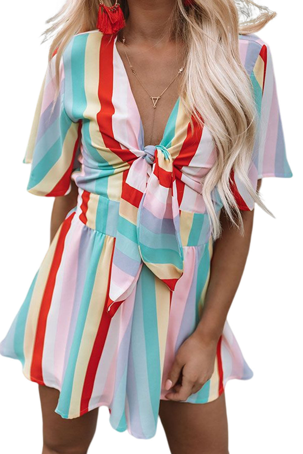 Stripe Print Tie V Neck Flowy Romper