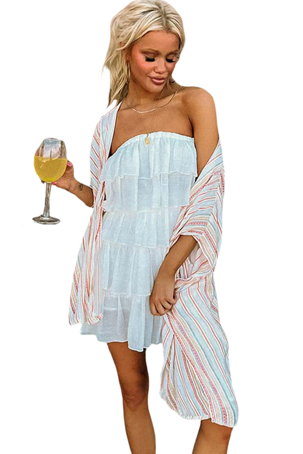 Stripe Printed Tasseled Lace up Boho Kimono