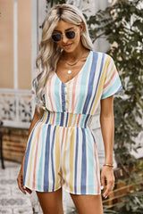 Striped Print V-Neck Button Romper