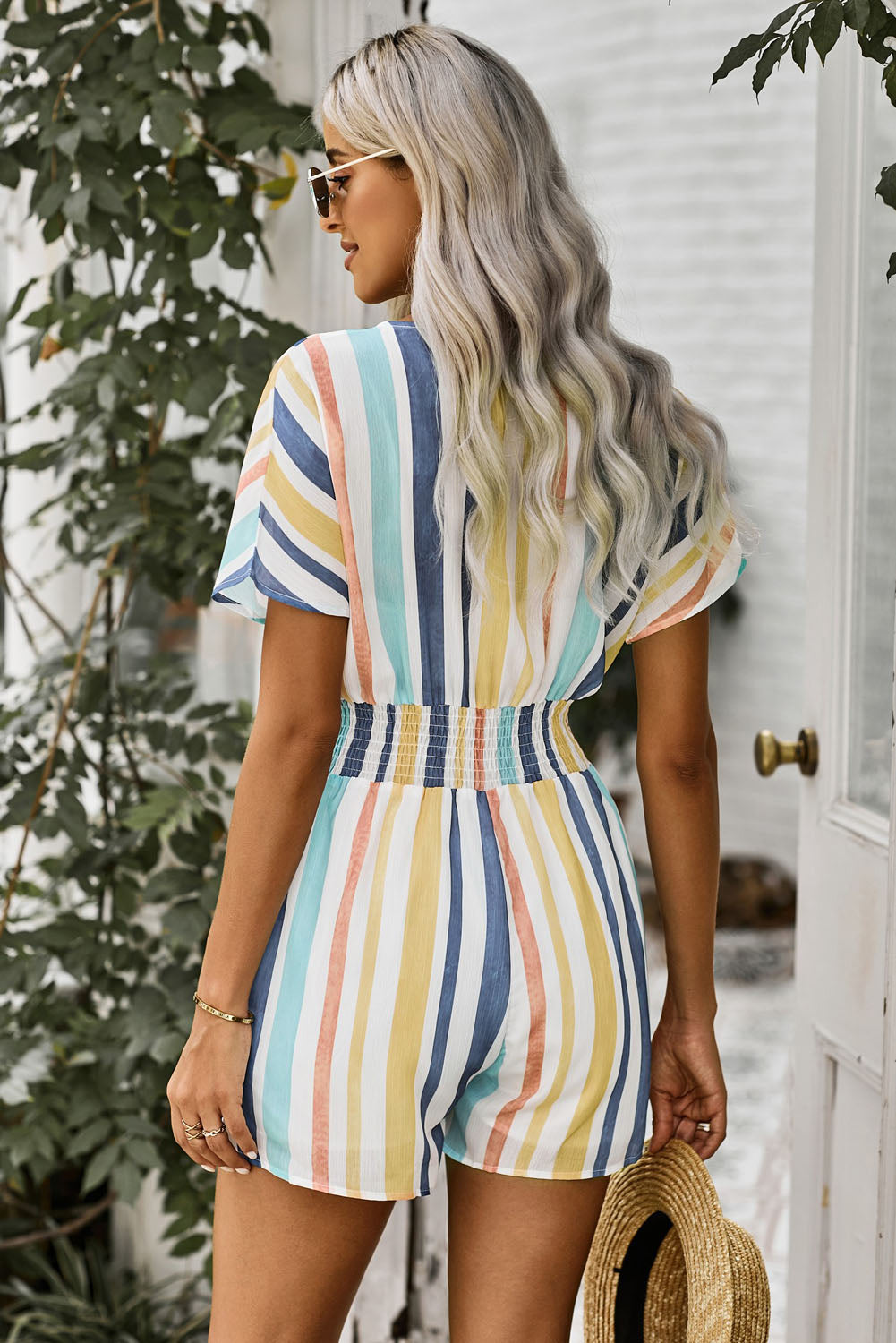 Striped Print V-Neck Button Romper