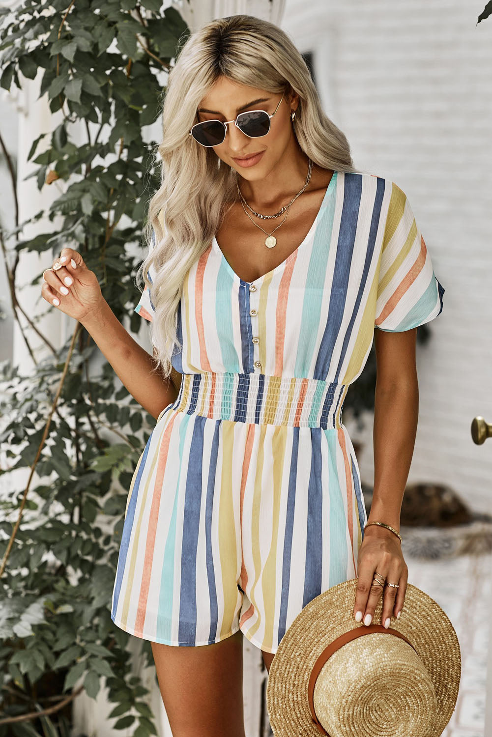 Striped Print V-Neck Button Romper