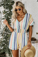 Striped Print V-Neck Button Romper