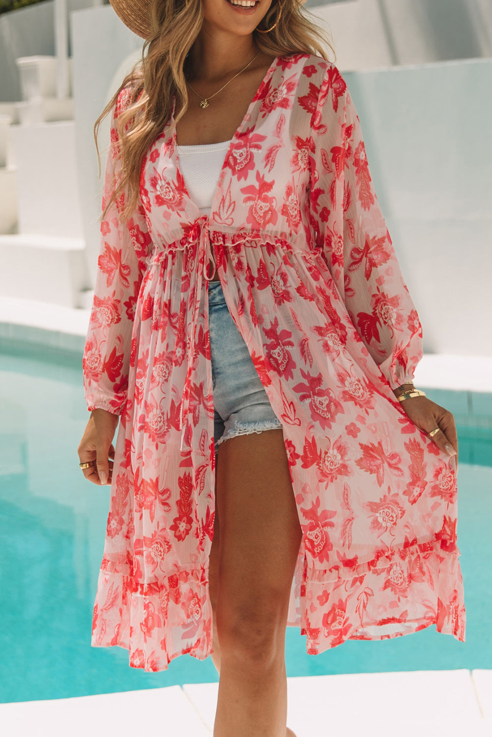 Sweet Floral Print Frill Hem Puff Sleeve Cover Up