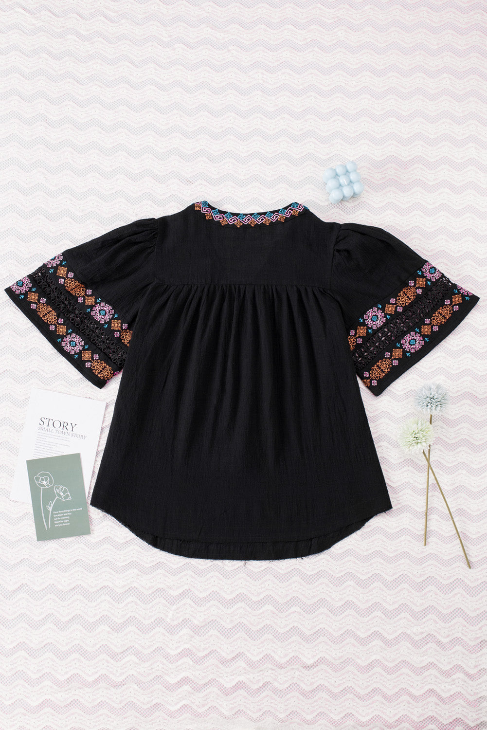 Tassel Drawstring Embroidered Half Sleeve V Neck Top