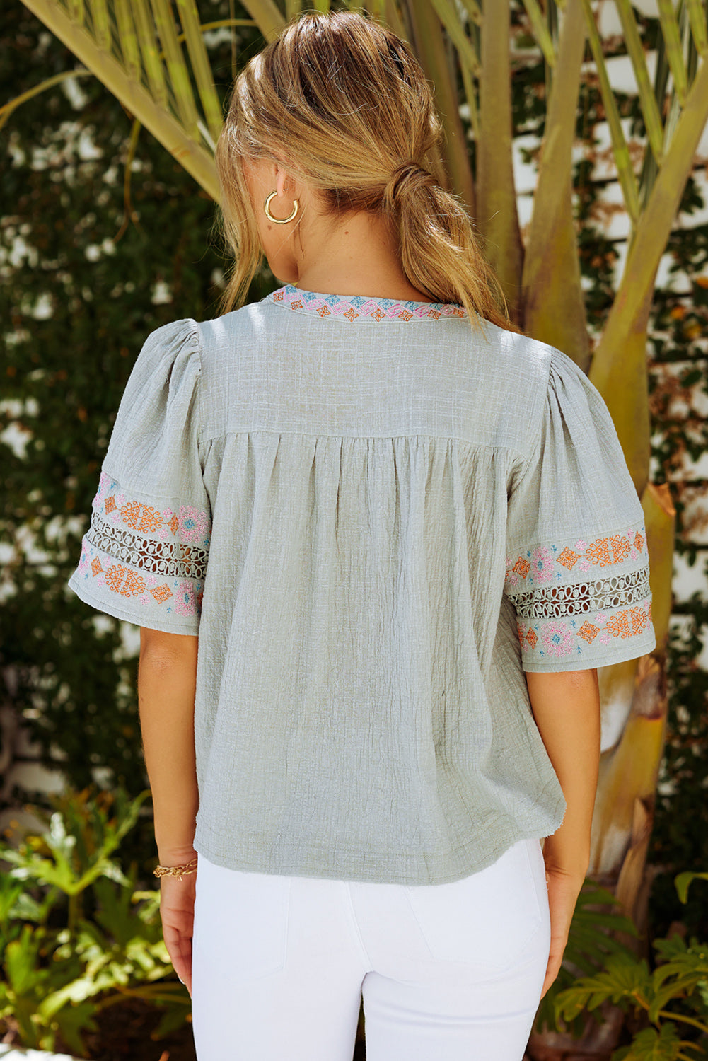 Tassel Drawstring Embroidered Half Sleeve V Neck Top