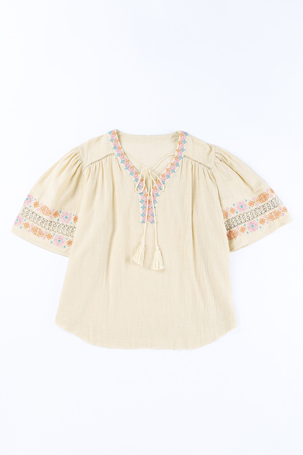 Tassel Drawstring Embroidered Half Sleeve V Neck Top