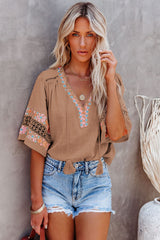 Tassel Drawstring Embroidered Half Sleeve V Neck Top