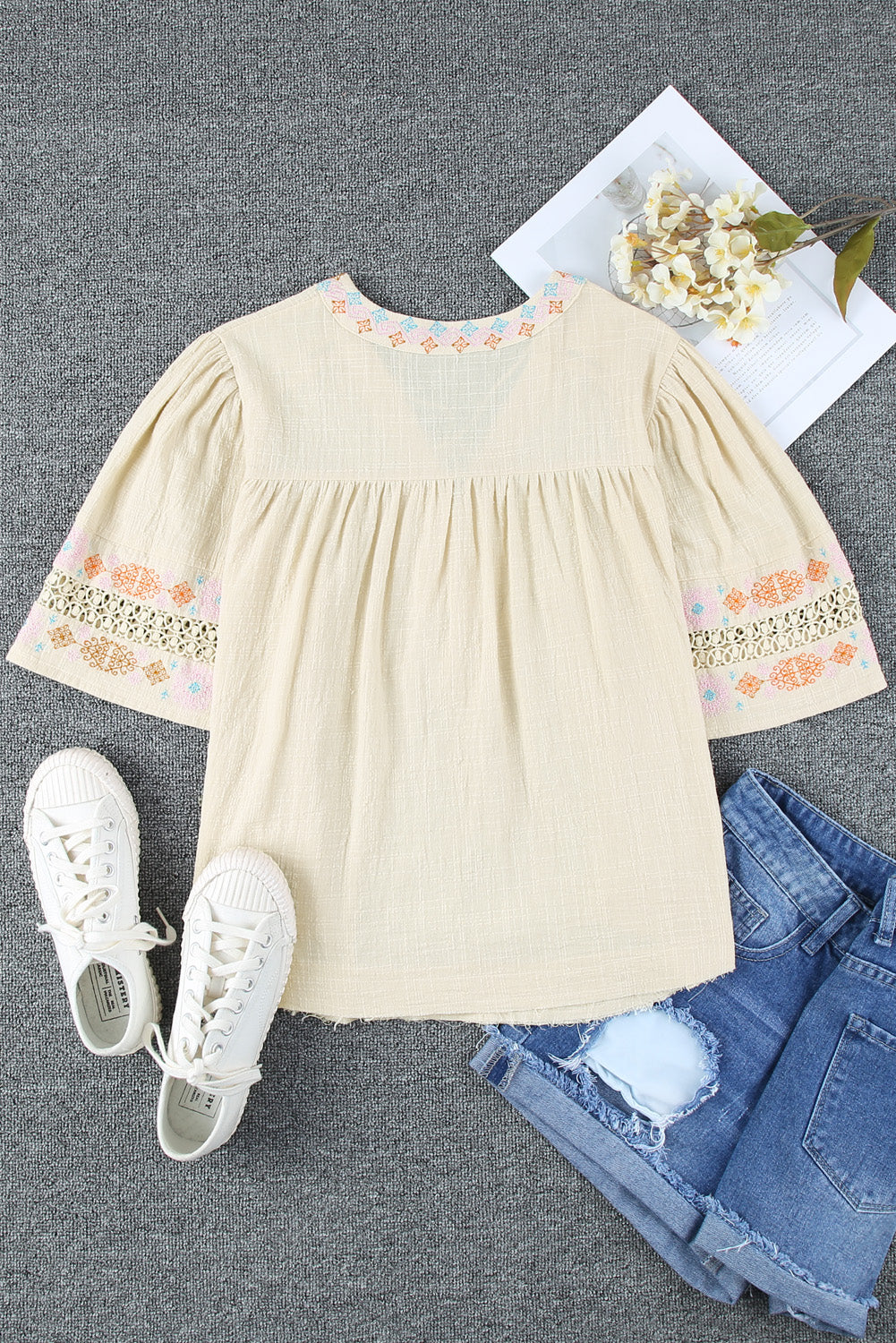 Tassel Drawstring Embroidered Half Sleeve V Neck Top