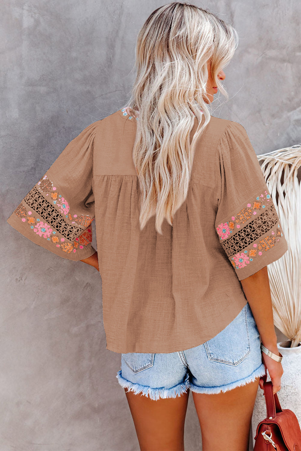 Tassel Drawstring Embroidered Half Sleeve V Neck Top