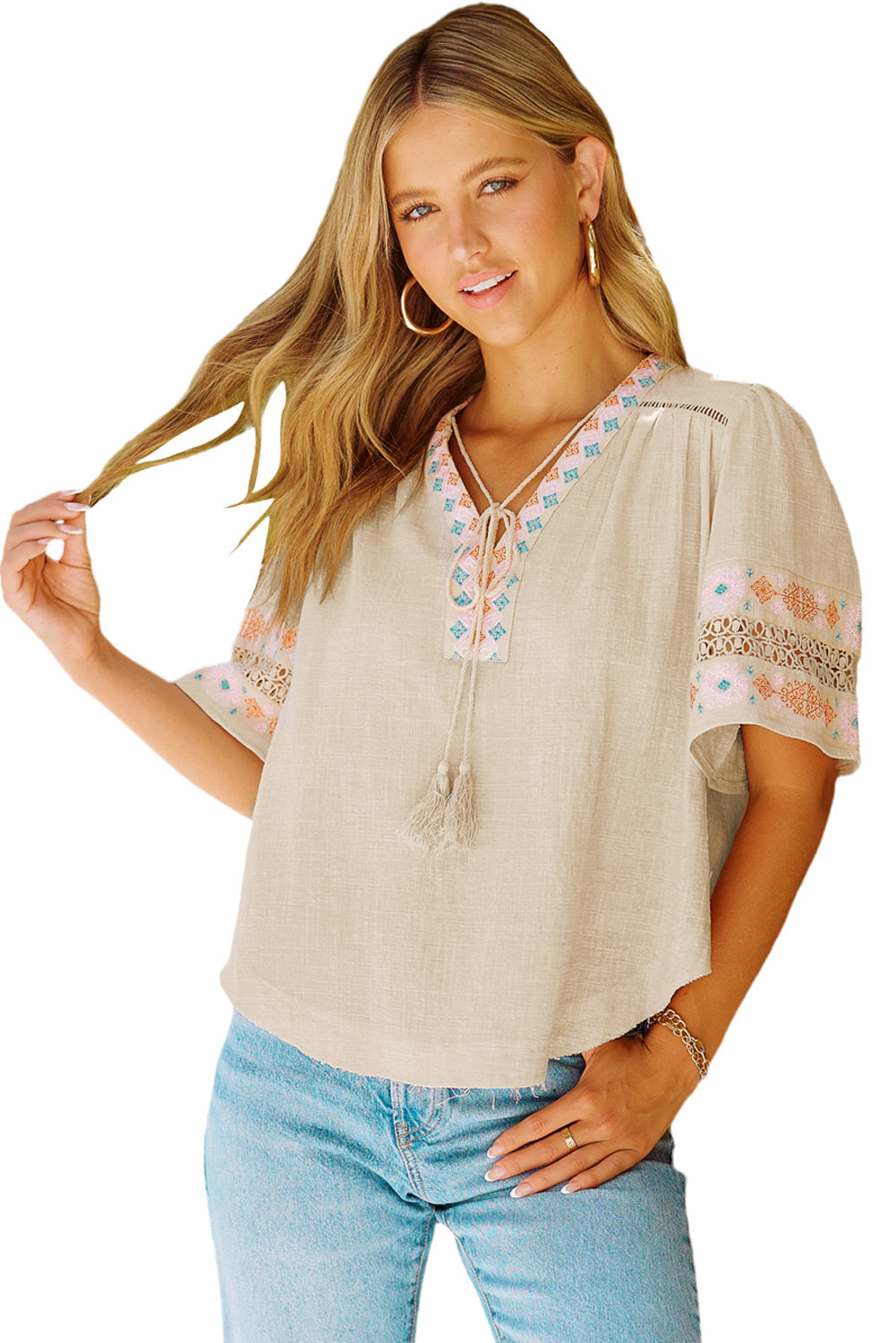 Tassel Drawstring Embroidered Half Sleeve V Neck Top