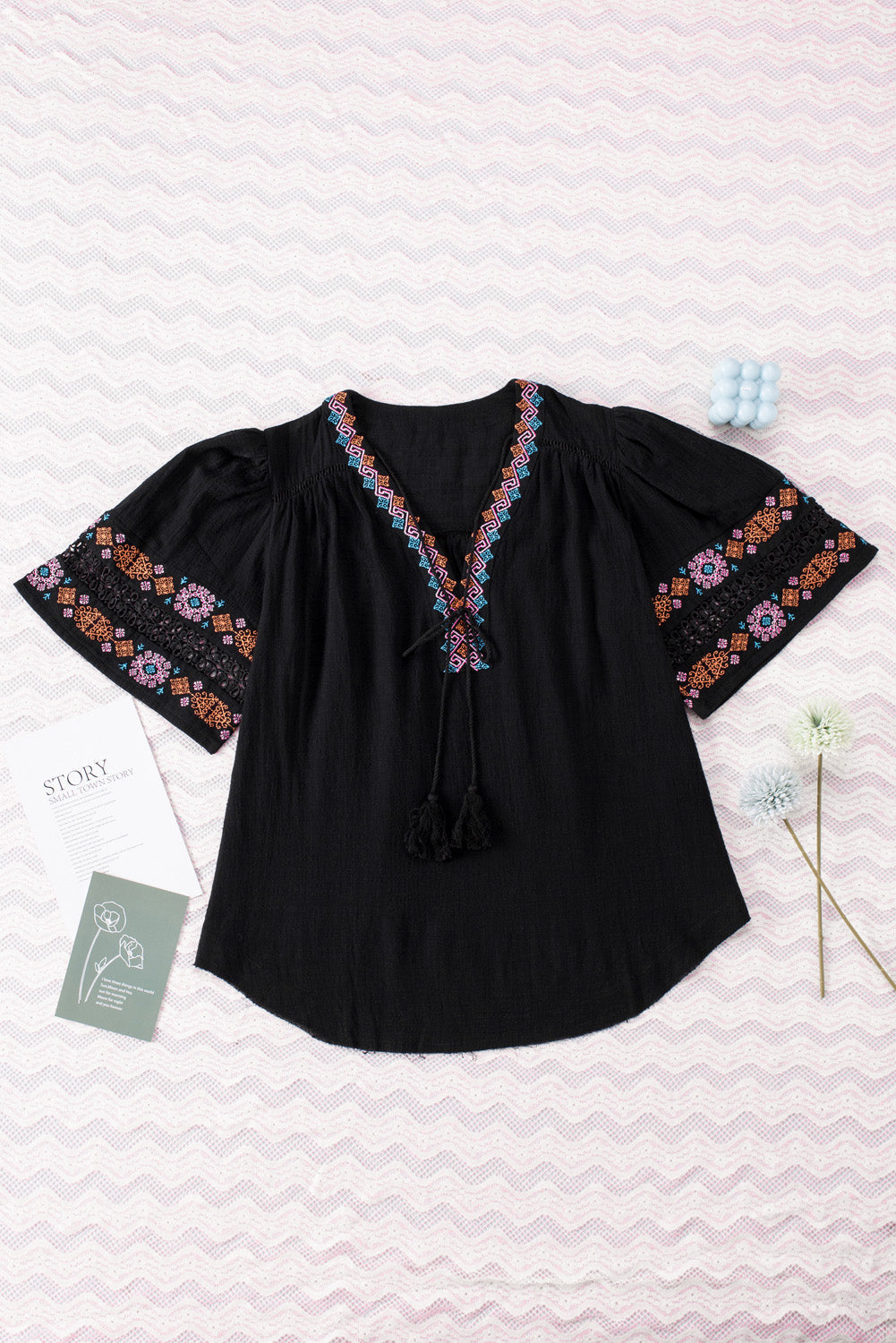 Tassel Drawstring Embroidered Half Sleeve V Neck Top