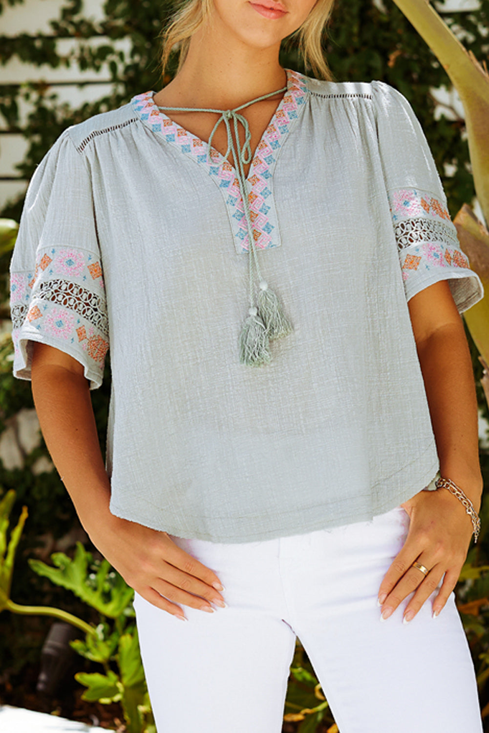 Tassel Drawstring Embroidered Half Sleeve V Neck Top