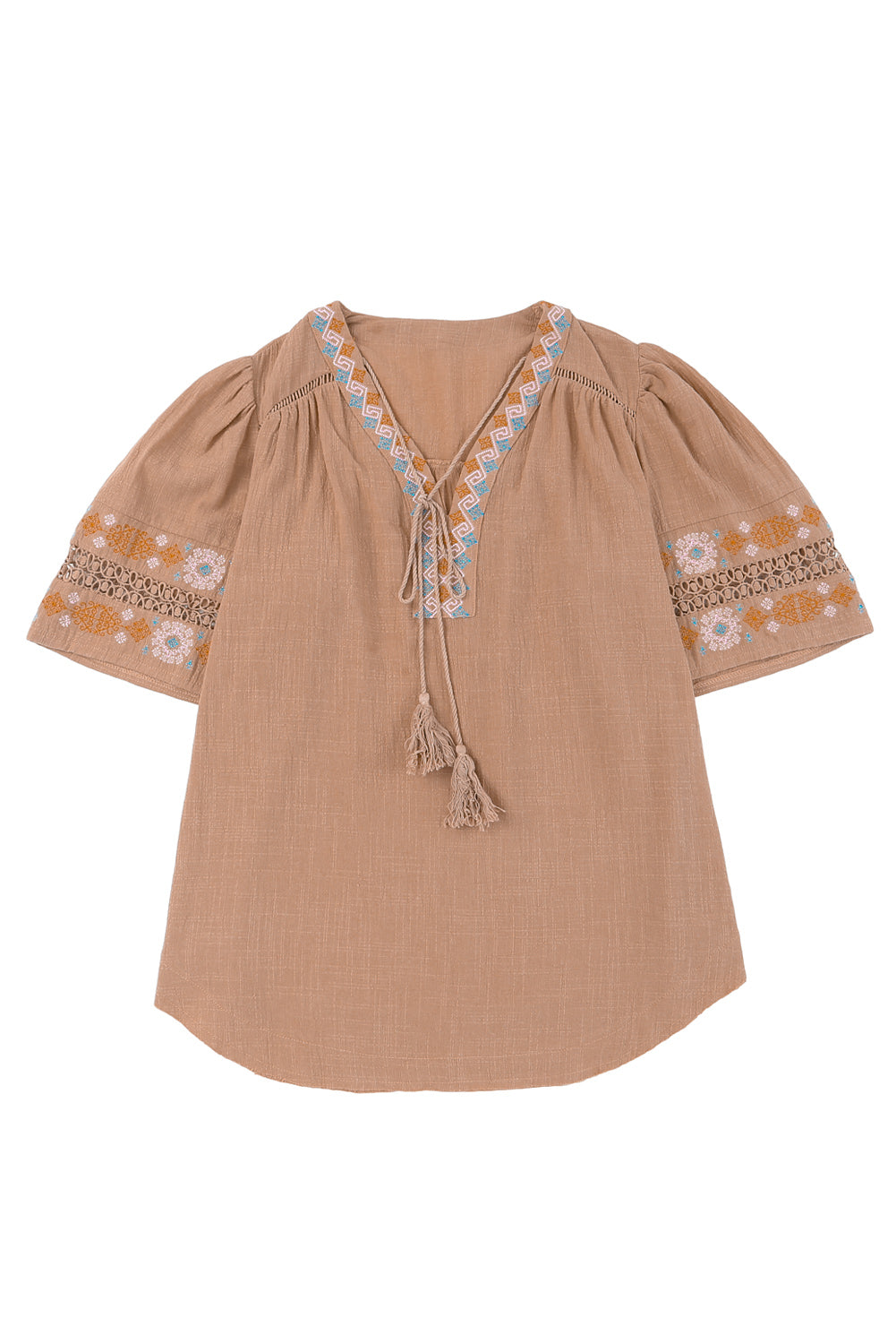 Tassel Drawstring Embroidered Half Sleeve V Neck Top